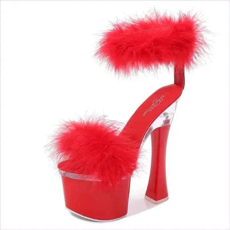 Fluffy White Platform Fairy Sandals with Transparent Super High Heel - Pleasures and Sins