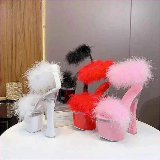 Fluffy White Platform Fairy Sandals with Transparent Super High Heel - Pleasures and Sins