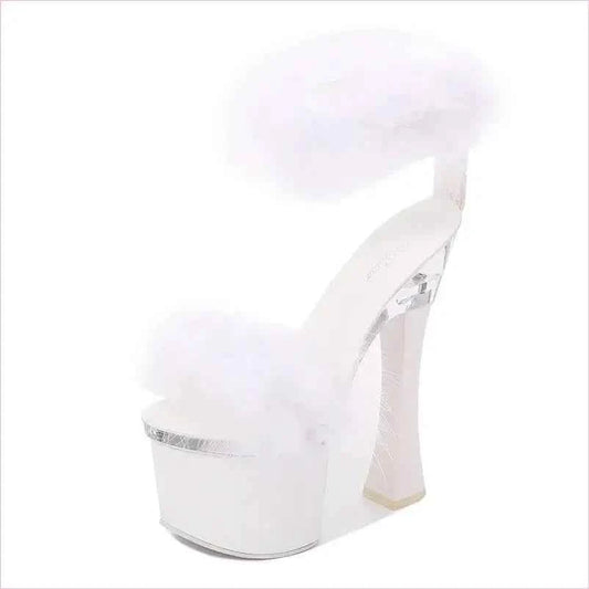 Fluffy White Platform Fairy Sandals with Transparent Super High Heel - Pleasures and Sins