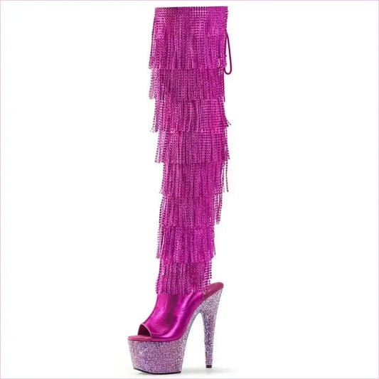 Fuchsia Rhinestone Fringe Nightclub Platform Heel Boots - Pleasures and Sins