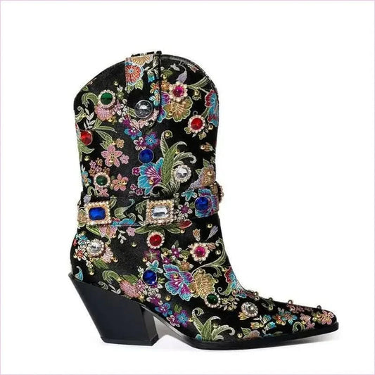 Gemstone Embellished Satin Ankle Western Boots for Women - Pleasures and Sins