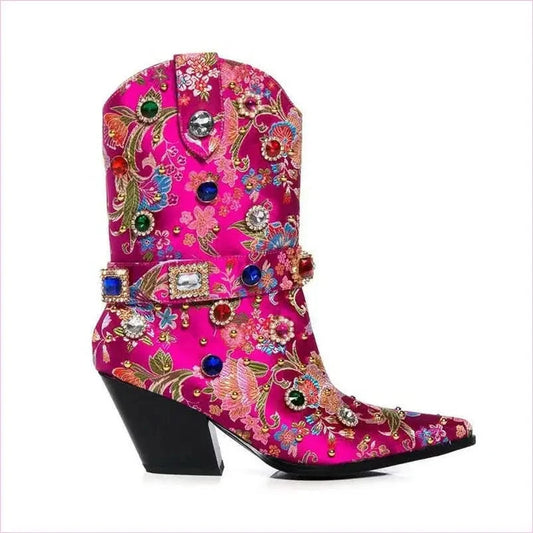 Gemstone Embellished Satin Ankle Western Boots for Women - Pleasures and Sins