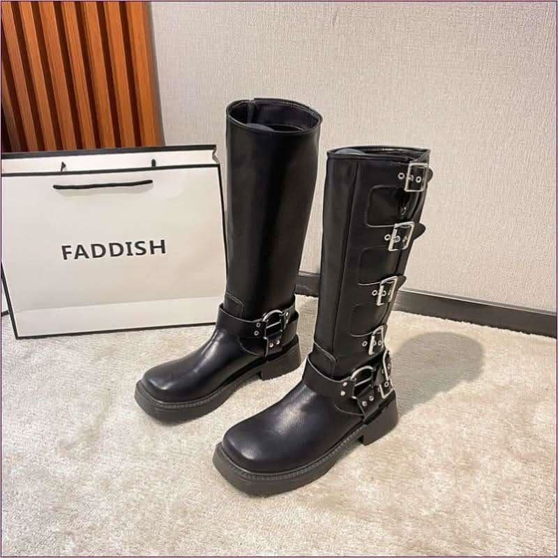 Genuine Leather Chunky Heel Belt Buckle Knight Boots for Adventurers - Pleasures and Sins