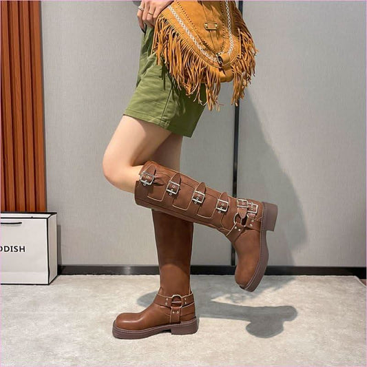 Genuine Leather Chunky Heel Belt Buckle Knight Boots for Adventurers - Pleasures and Sins