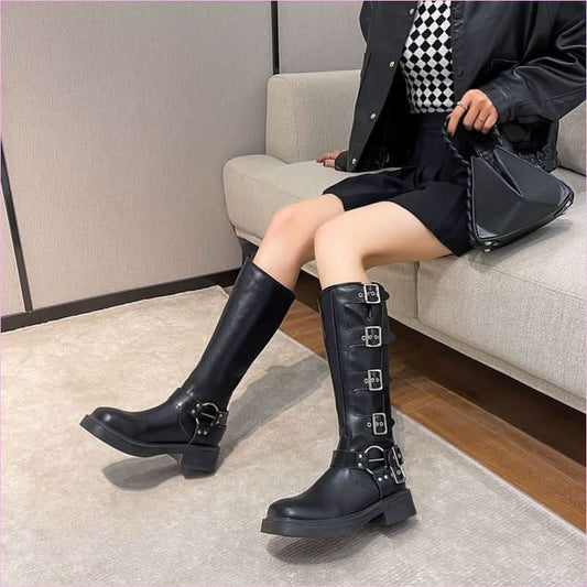 Genuine Leather Chunky Heel Belt Buckle Knight Boots for Adventurers - Pleasures and Sins