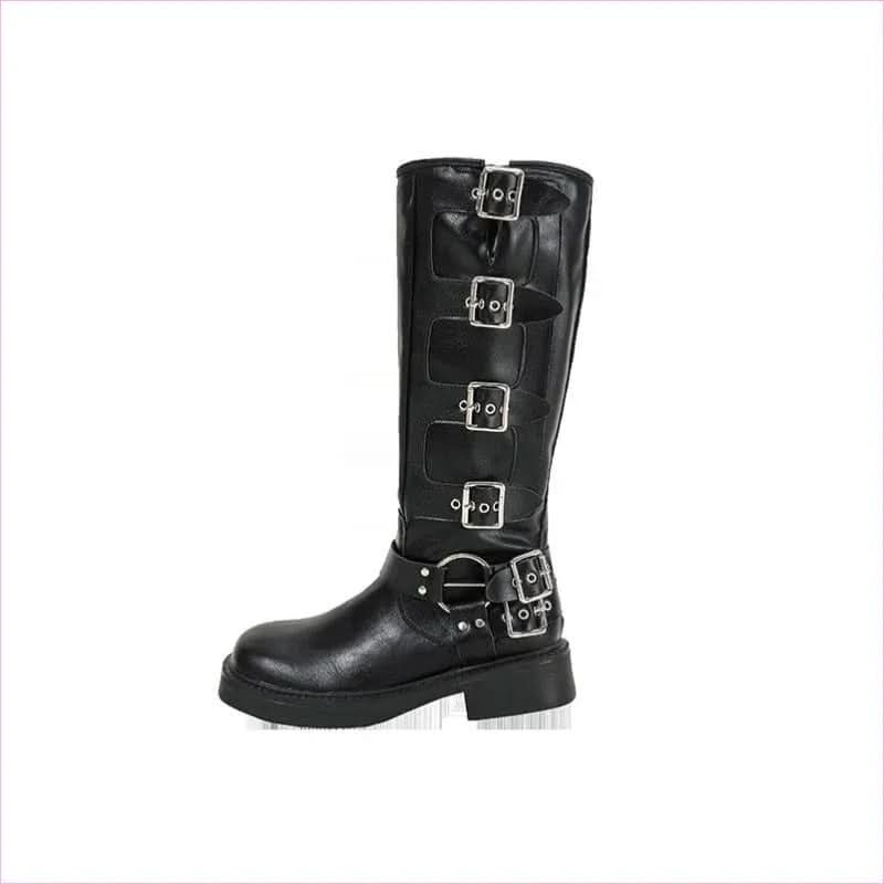 Genuine Leather Chunky Heel Belt Buckle Knight Boots for Adventurers - Pleasures and Sins