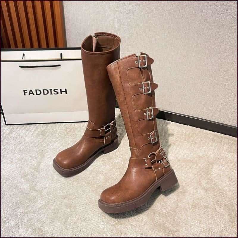 Genuine Leather Chunky Heel Belt Buckle Knight Boots for Adventurers - Pleasures and Sins