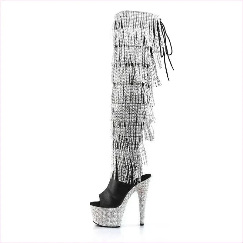 Glamorous Peep Toe Platform Heel Boots with Rhinestone Fringing - Pleasures and Sins