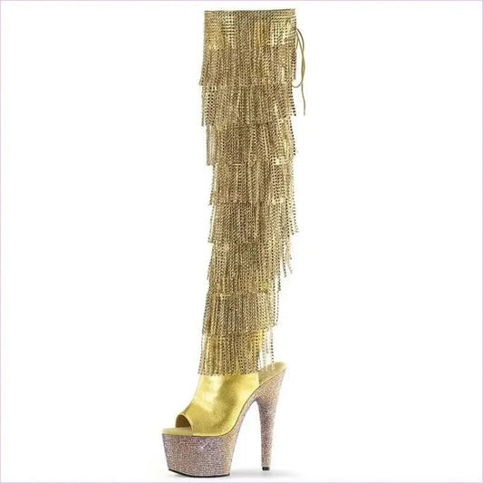 Glamorous Peep Toe Platform Heel Boots with Rhinestone Fringing - Pleasures and Sins