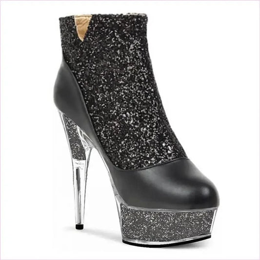 Glittered Round Toe High-heeled Platform Boots with Crystal Stiletto Heel - Pleasures and Sins