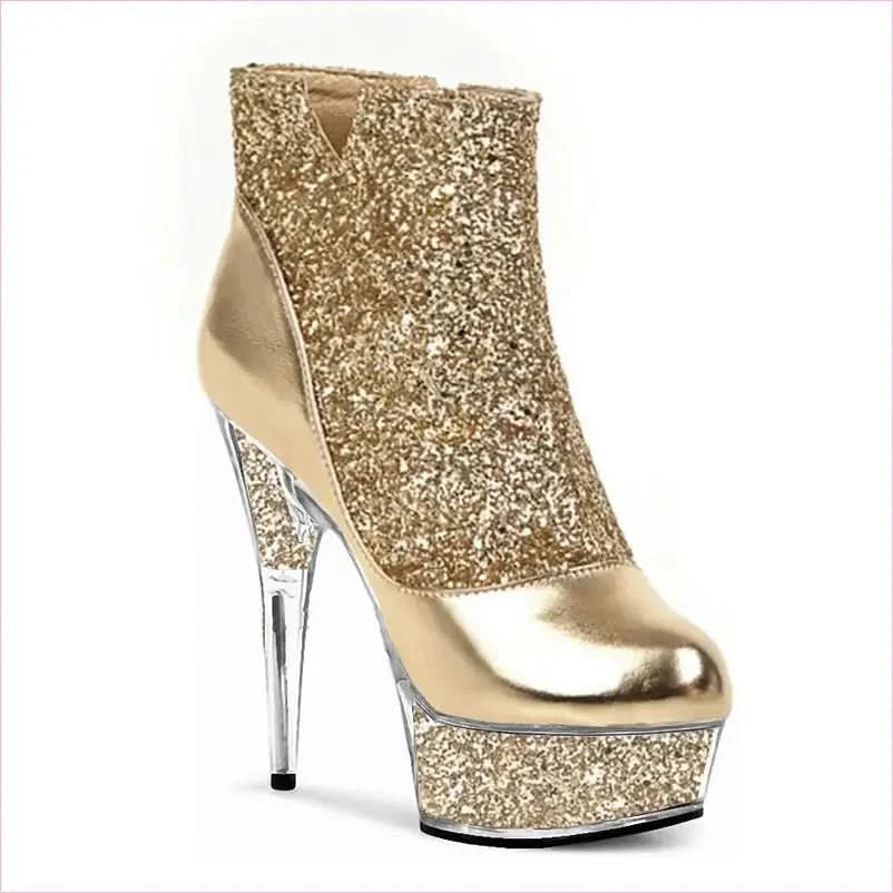 Glittered Round Toe High-heeled Platform Boots with Crystal Stiletto Heel - Pleasures and Sins