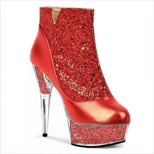 Glittered Round Toe High-heeled Platform Boots with Crystal Stiletto Heel - Pleasures and Sins