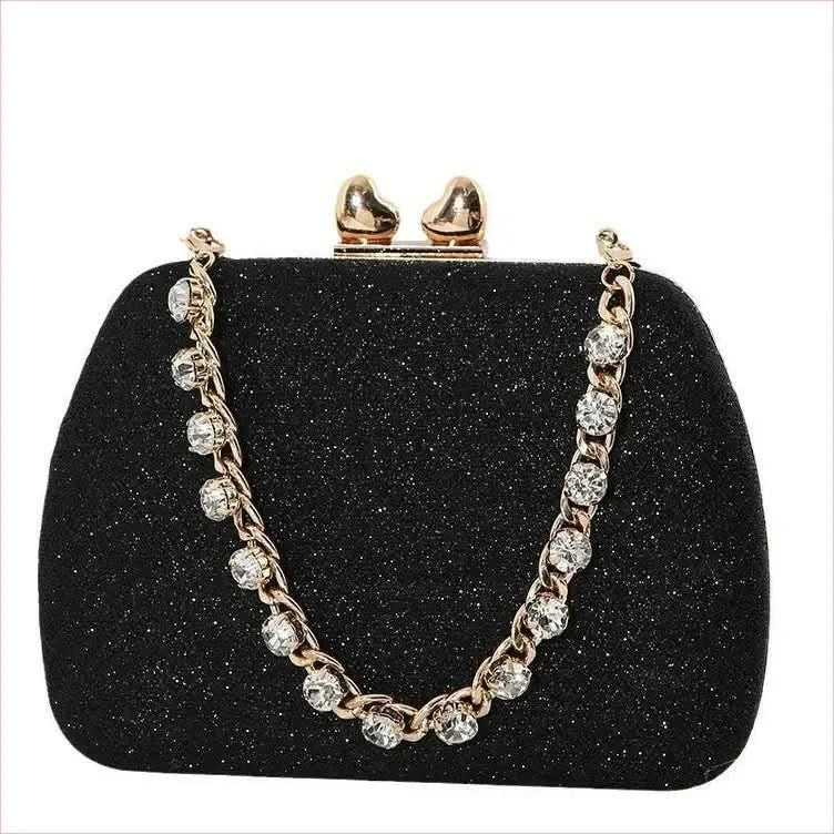 Glittery Black Small Square Celebrity Clutchbag with Diamond Chain Handheld - Pleasures and Sins