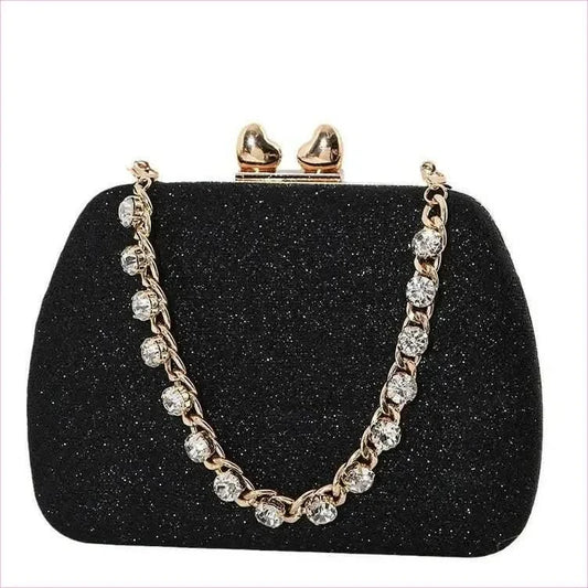 Glittery Black Small Square Celebrity Clutchbag with Diamond Chain Handheld - Pleasures and Sins