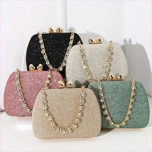 Glittery Black Small Square Celebrity Clutchbag with Diamond Chain Handheld - Pleasures and Sins