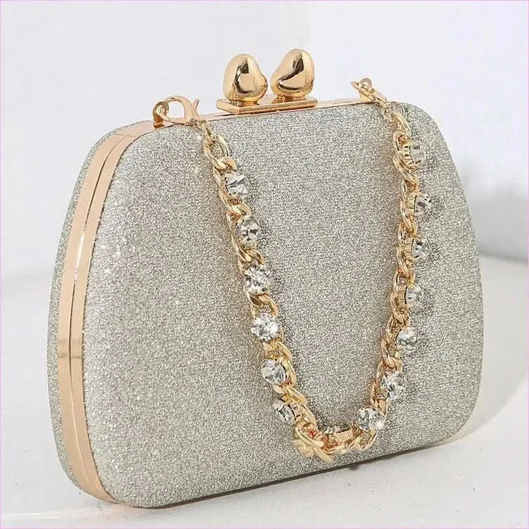 Glittery Black Small Square Celebrity Clutchbag with Diamond Chain Handheld - Pleasures and Sins