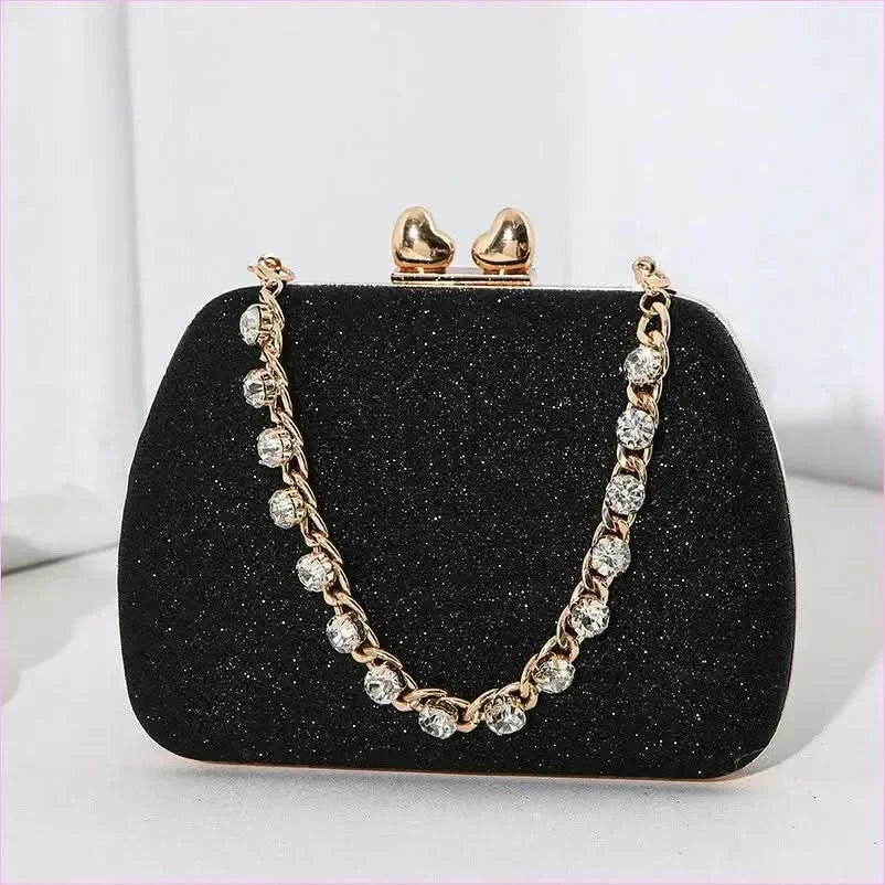 Glittery Black Small Square Celebrity Clutchbag with Diamond Chain Handheld - Pleasures and Sins
