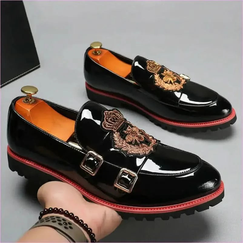 Glossy Black Buckle British Motif Shoes with Gold Embroidery - Pleasures and Sins