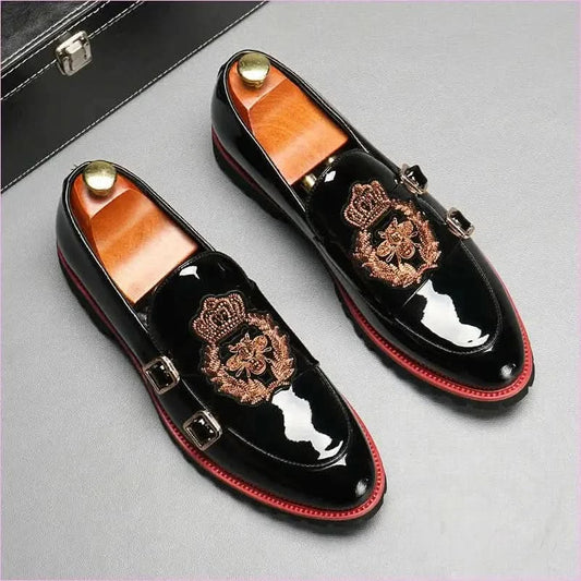 Glossy Black Buckle British Motif Shoes with Gold Embroidery - Pleasures and Sins