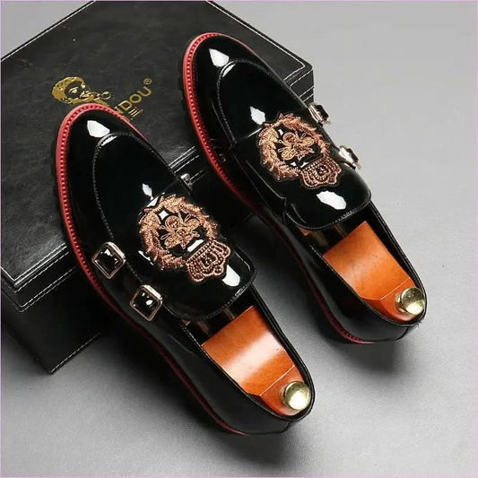 Glossy Black Buckle British Motif Shoes with Gold Embroidery - Pleasures and Sins