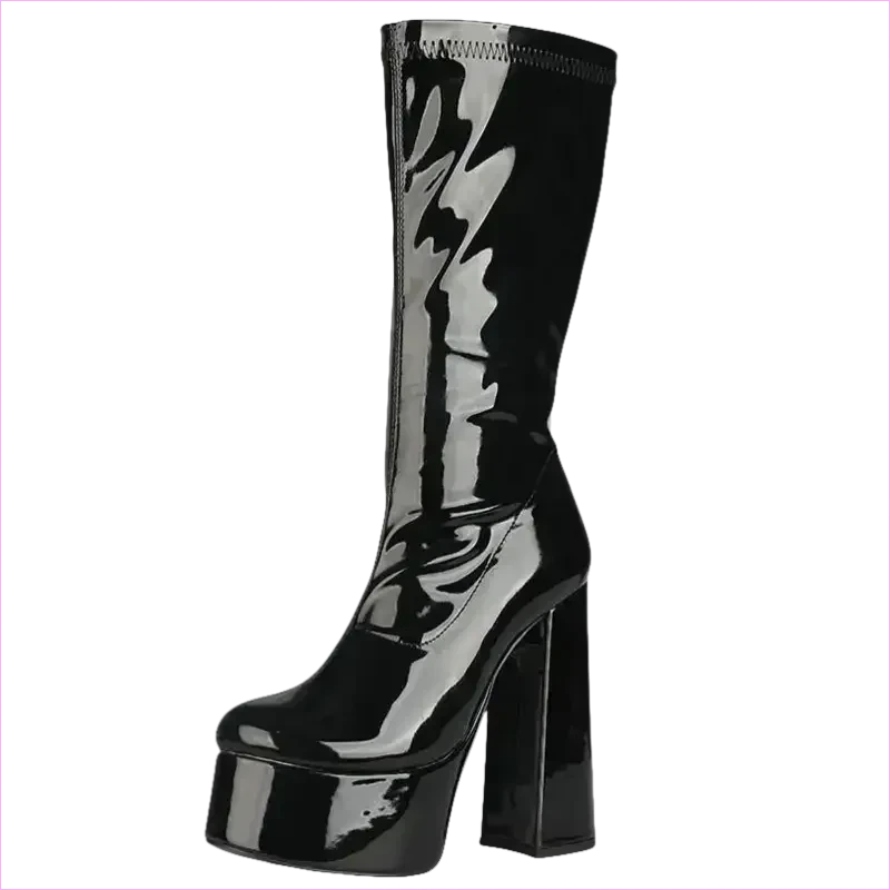 Glossy Black Patent Leather Chunky Heel Knee-high Boots - Pleasures and Sins