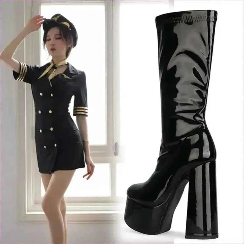 Glossy Black Patent Leather Chunky Heel Knee-high Boots - Pleasures and Sins