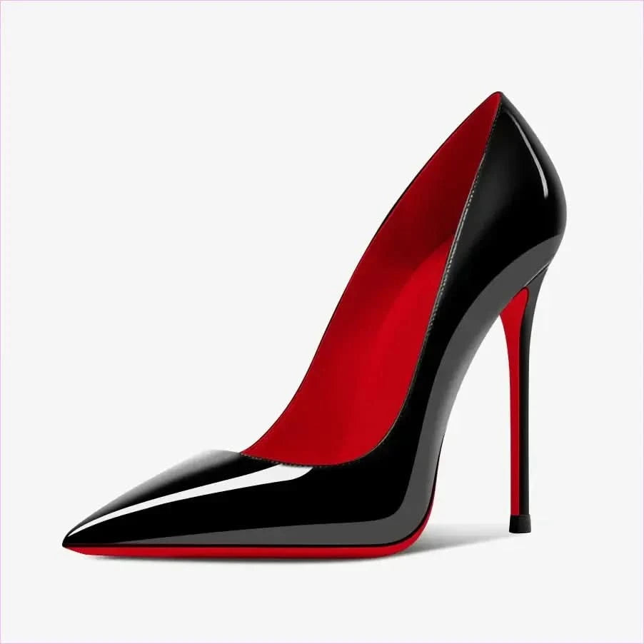 Glossy Black Stiletto Heels with Red Sole 12cm Pointed Style - Pleasures and Sins