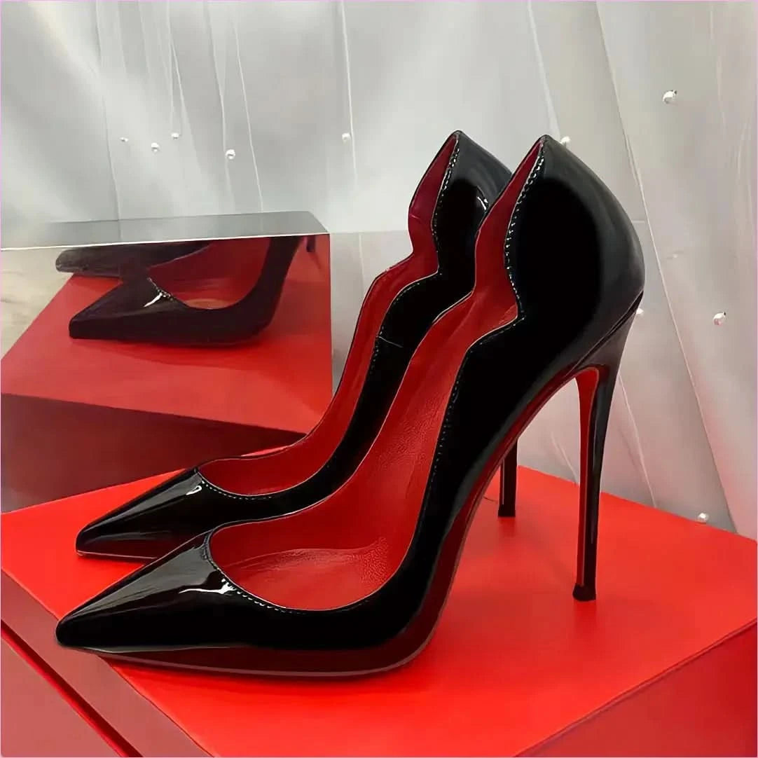Glossy Black Stiletto Heels with Red Sole 12cm Pointed Style - Pleasures and Sins