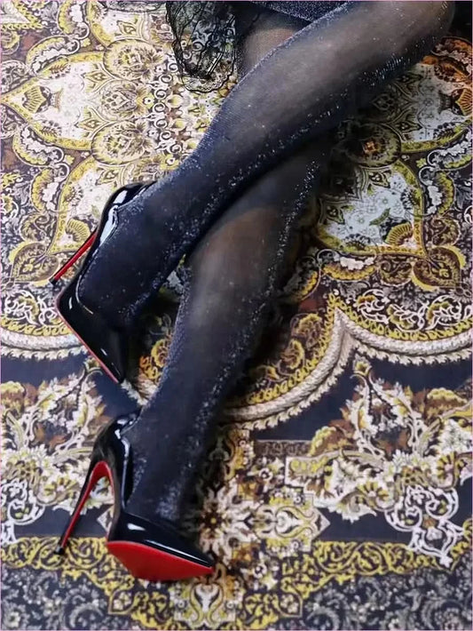 Glossy Black Stiletto Heels with Red Sole 12cm Pointed Style - Pleasures and Sins