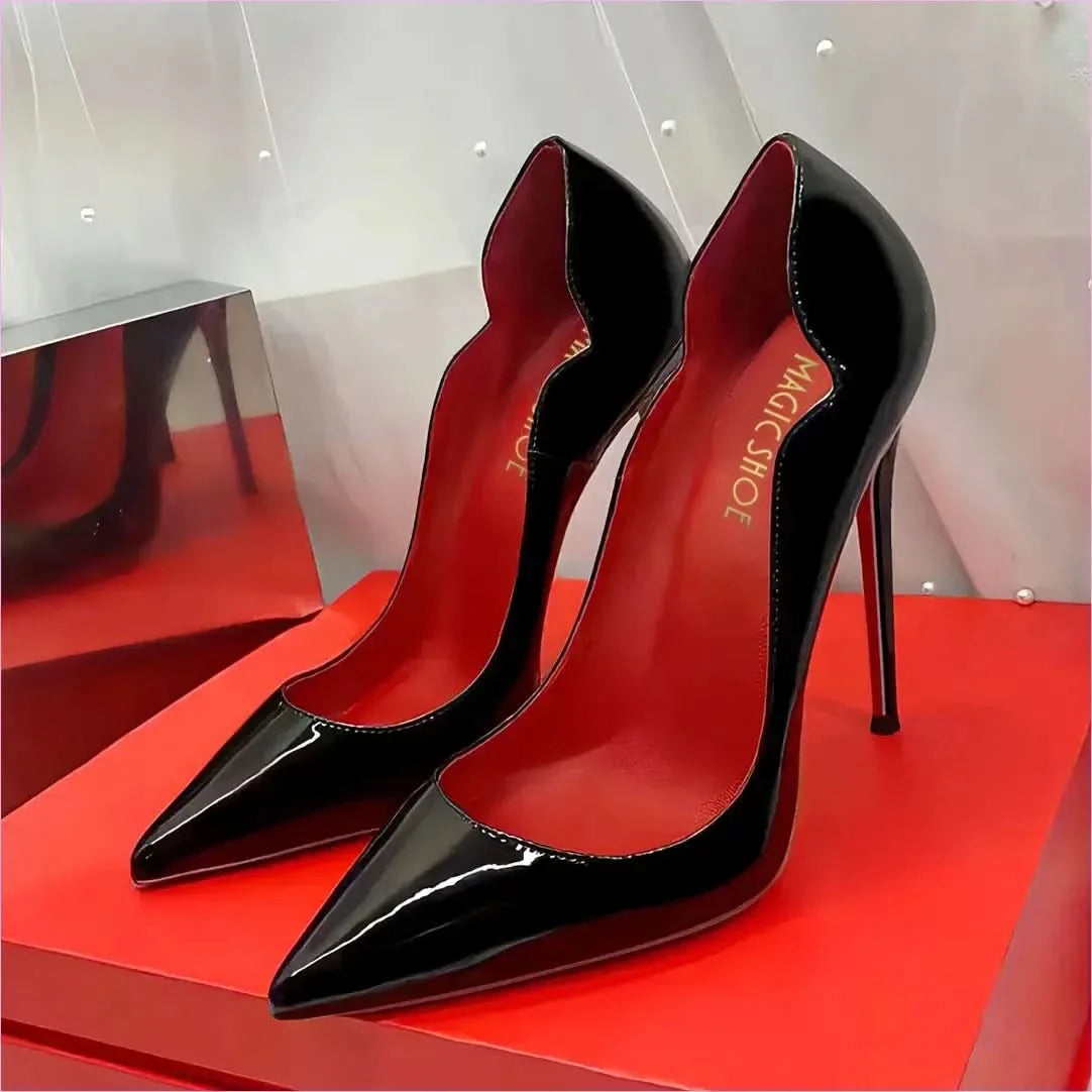 Glossy Black Stiletto Heels with Red Sole 12cm Pointed Style - Pleasures and Sins