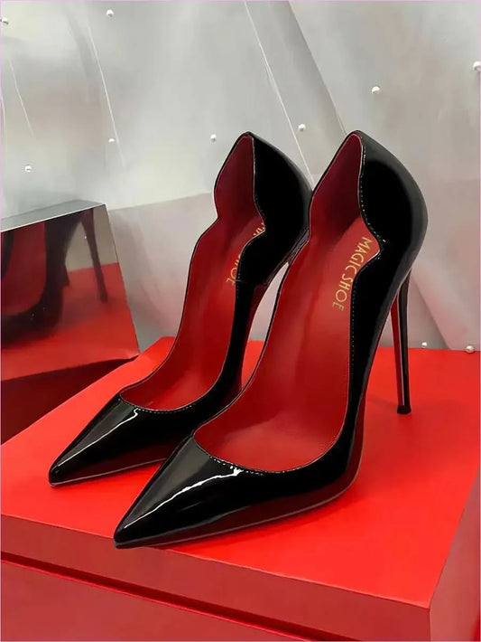 Glossy Black Stiletto Heels with Red Sole 12cm Pointed Style - Pleasures and Sins