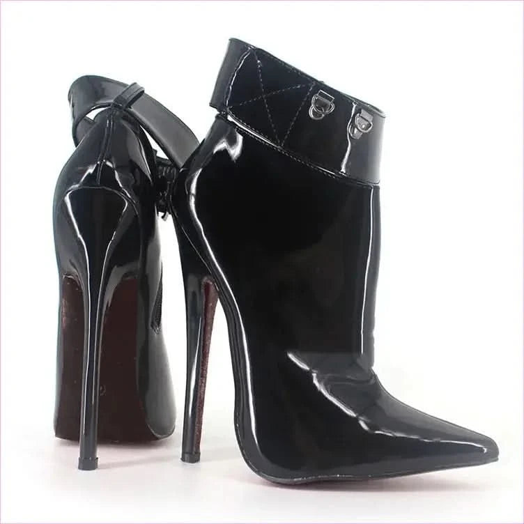 Glossy Red Patent High Stiletto Heel Ankle Boots with Padlock Detail - Pleasures and Sins