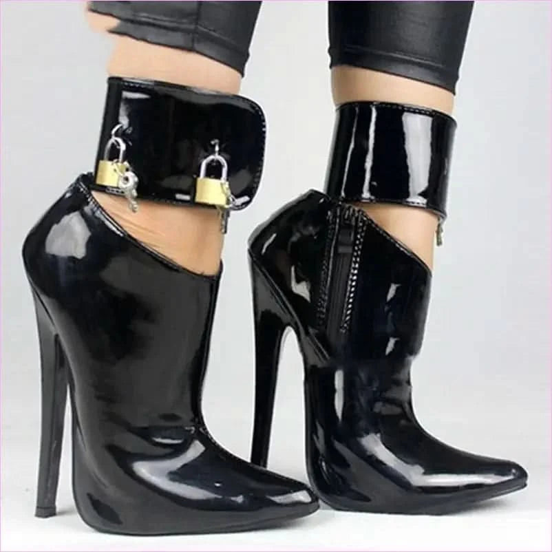 Glossy Red Patent High Stiletto Heel Ankle Boots with Padlock Detail - Pleasures and Sins