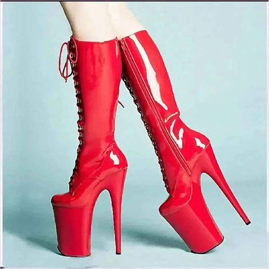 Glossy Red Platform Heel Ladies Boots with Lace-up Front - Pleasures and Sins