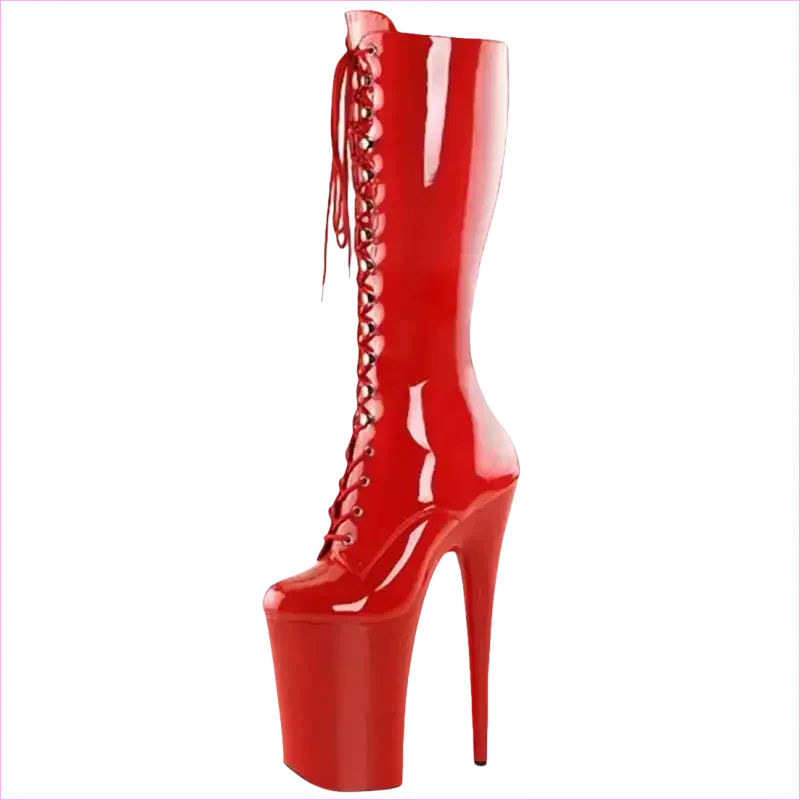 Glossy Red Platform Heel Ladies Boots with Lace-up Front - Pleasures and Sins
