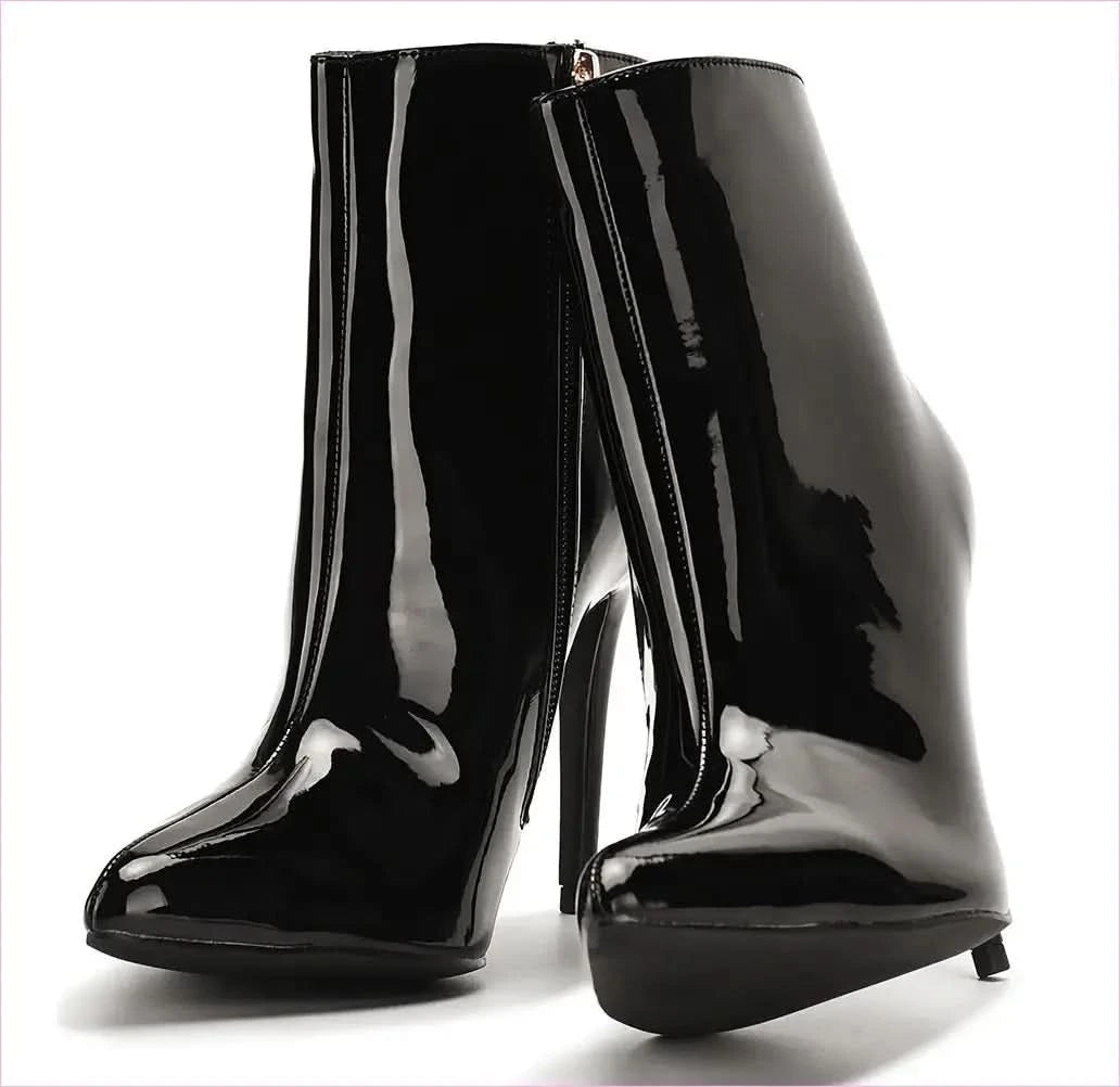 Glossy Red Vegan Patent Leather Pointed Toe High Heel Boots - Pleasures and Sins