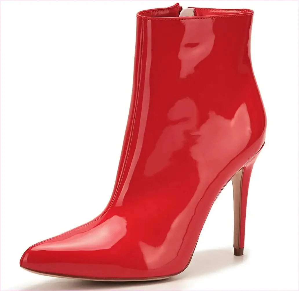 Glossy Red Vegan Patent Leather Pointed Toe High Heel Boots - Pleasures and Sins