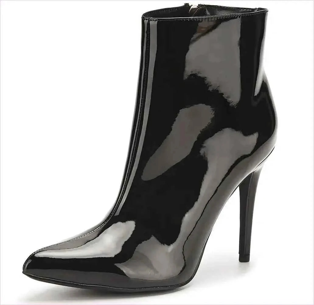 Glossy Red Vegan Patent Leather Pointed Toe High Heel Boots - Pleasures and Sins
