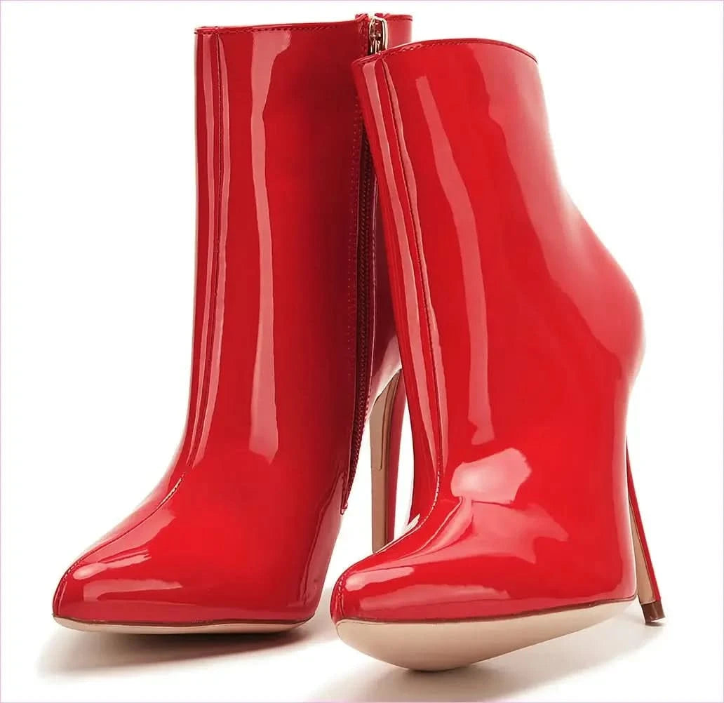 Glossy Red Vegan Patent Leather Pointed Toe High Heel Boots - Pleasures and Sins