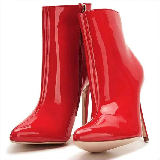 Glossy Red Vegan Patent Leather Pointed Toe High Heel Boots - Pleasures and Sins