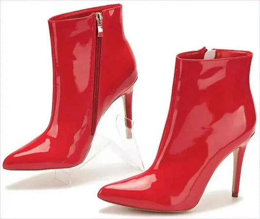 Glossy Red Vegan Patent Leather Pointed Toe High Heel Boots - Pleasures and Sins