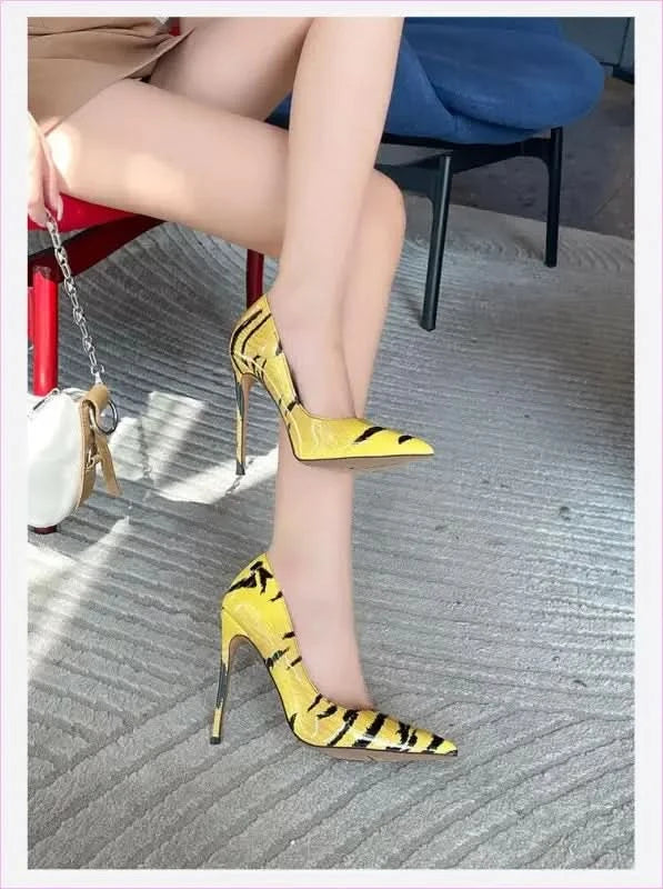 Glossy Tiger Stripe 12cm High Heel Pointed Toe Pumps - Pleasures and Sins