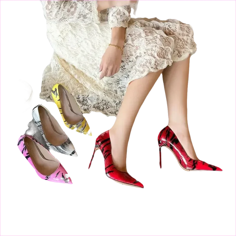 Glossy Tiger Stripe 12cm High Heel Pointed Toe Pumps - Pleasures and Sins