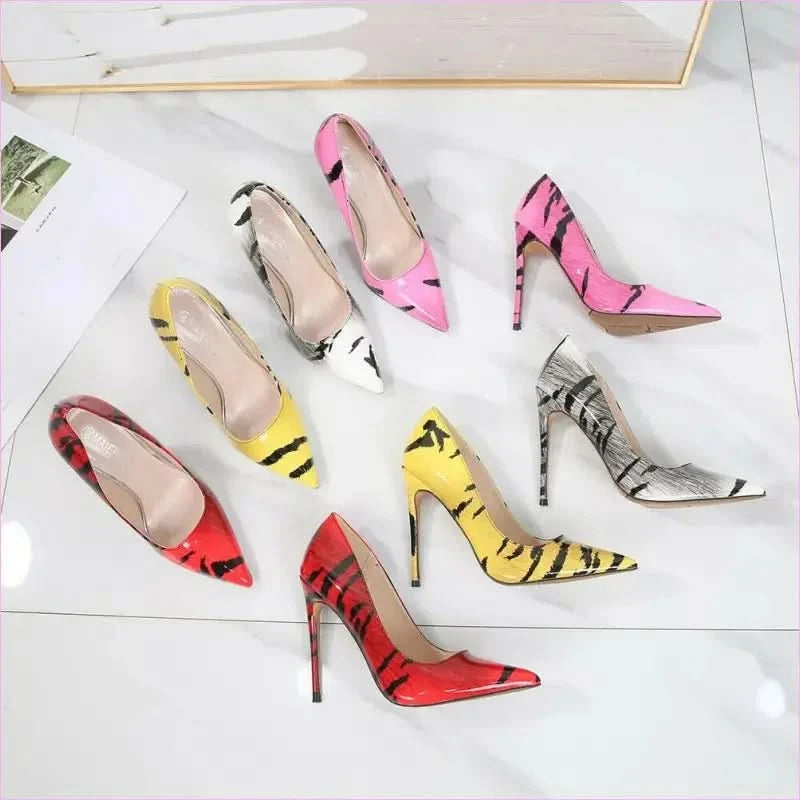 Glossy Tiger Stripe 12cm High Heel Pointed Toe Pumps - Pleasures and Sins