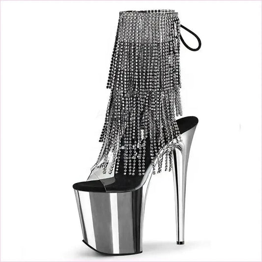 Gold 20cm Heel Peep Toe Drag Shoes with Rhinestone Fringe - Pleasures and Sins