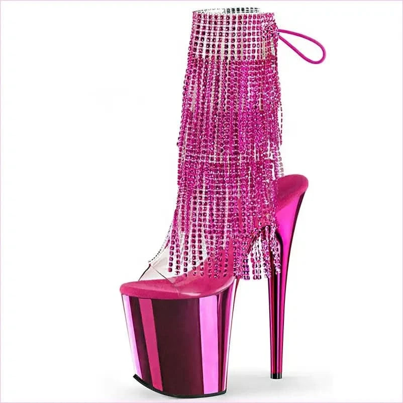 Gold 20cm Heel Peep Toe Drag Shoes with Rhinestone Fringe - Pleasures and Sins