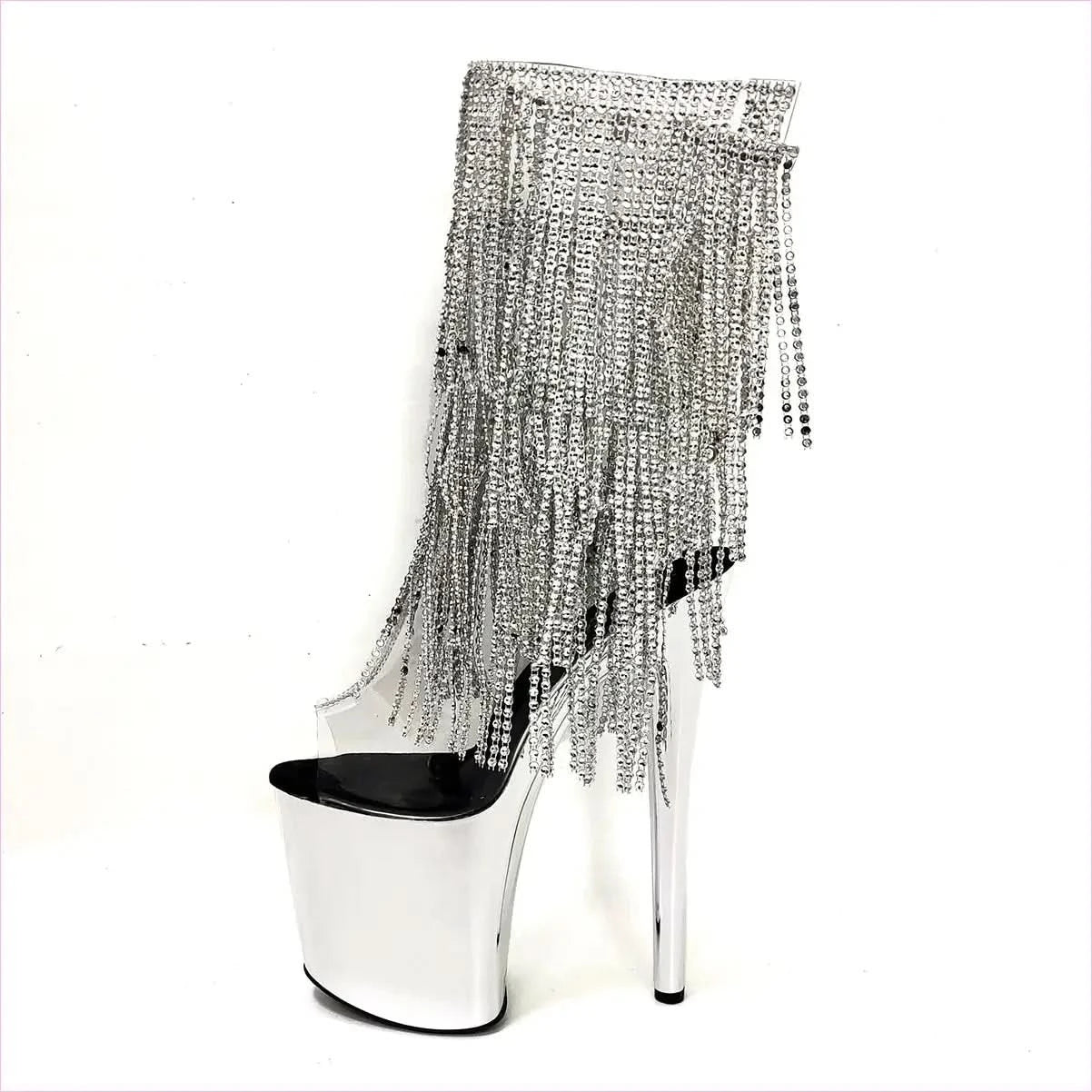 Gold 20cm Heel Peep Toe Drag Shoes with Rhinestone Fringe - Pleasures and Sins