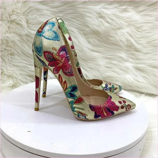 Gold Embroidered Floral High Heel Shoes with Butterfly Design - Pleasures and Sins