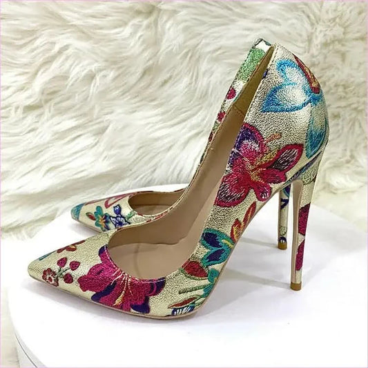Gold Embroidered Floral High Heel Shoes with Butterfly Design - Pleasures and Sins