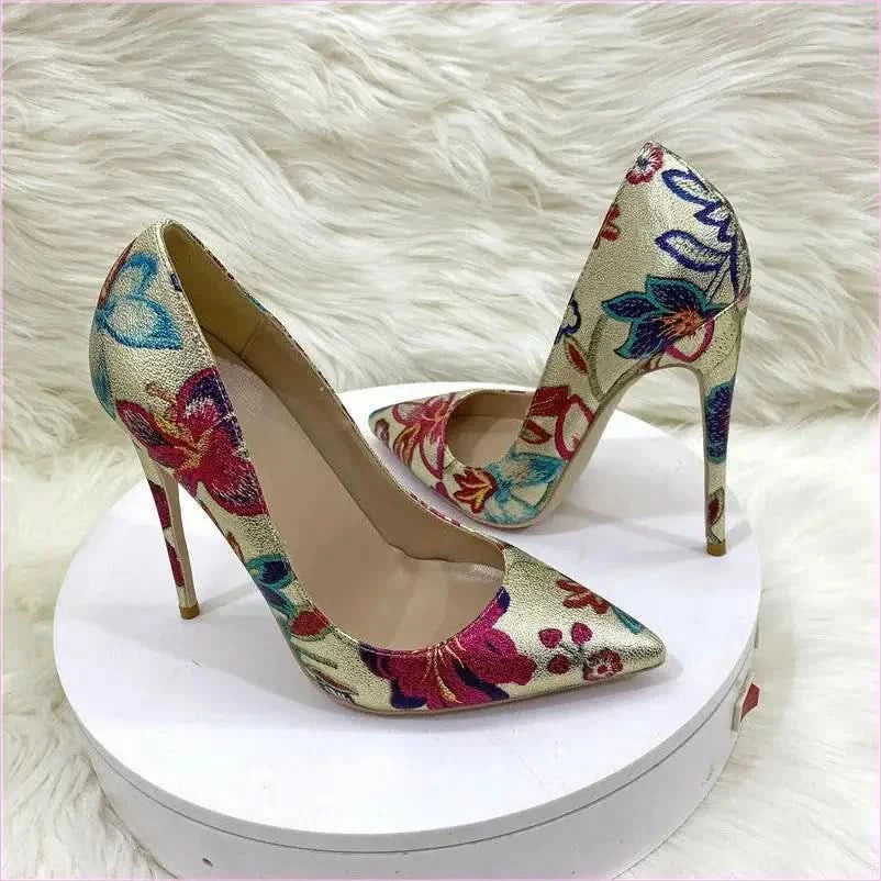 Gold Embroidered Floral High Heel Shoes with Butterfly Design - Pleasures and Sins